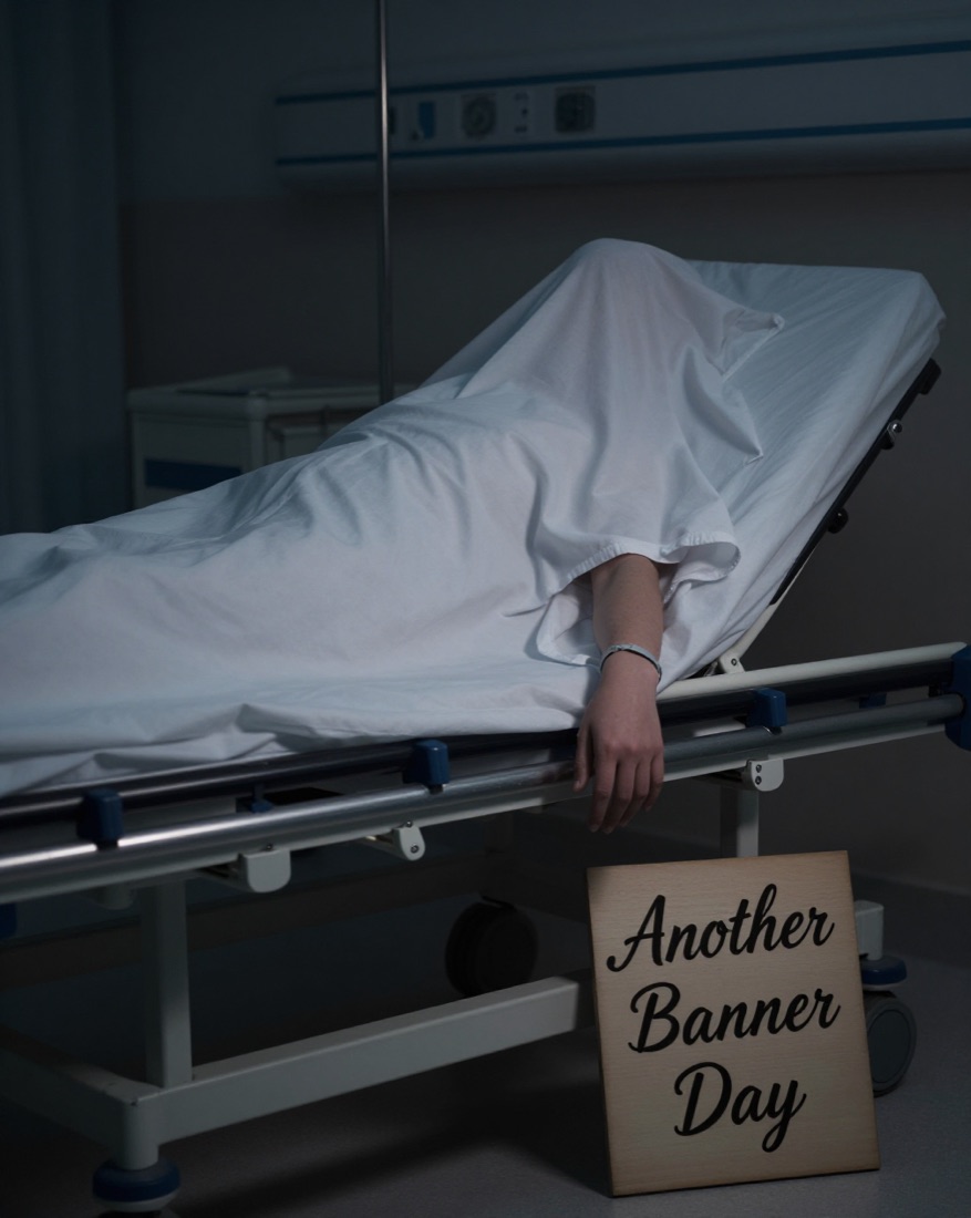 A sheet-covered body on a hospital gurney beside a hand-lettered sign reading "Another Banner Day" — an editorial illustration.